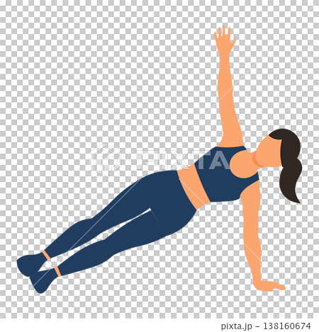 Illustration of a woman performing a one-handed push-up, a cool-down exercise that incorporates core stability training. Illustration of a woman performing a one-handed push-up, a cool-down exercise that incorporates core stability training. 138160674