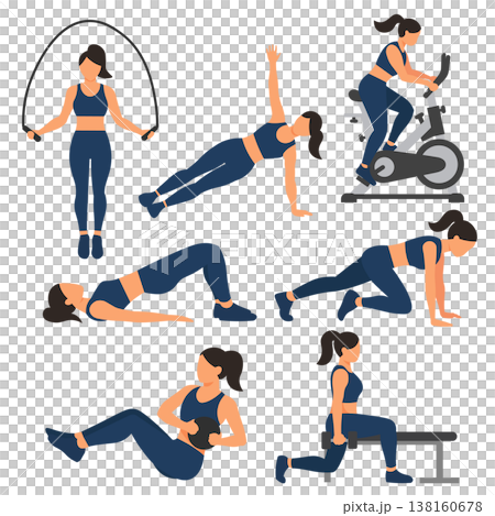 女性運動與燃脂訓練圖庫 健身房器材與標準姿勢插畫包 138160678