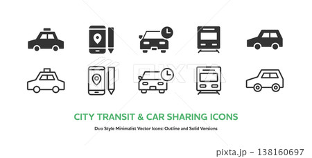 タクシー、電車、カーシェアなど都市交通と地図アプリのアイコンセット。線画と塗りのベクター素材 138160697