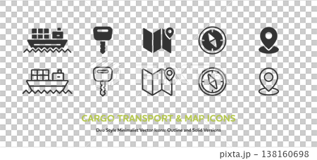 貨物船、車の鍵、地図など物流とナビゲーションのアイコンセット。線画と塗りの素材 貨物船、車の鍵、地図など物流とナビゲーションのアイコンセット。線画と塗りの素材 138160698