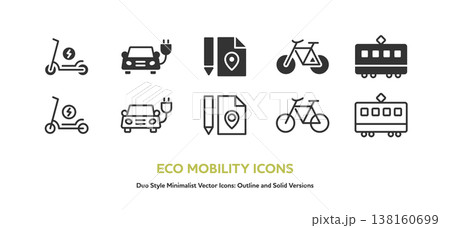 EVや路面電車などエコな交通手段と、ルート作成・地図のアイコンセット。線画と塗りの素材 138160699