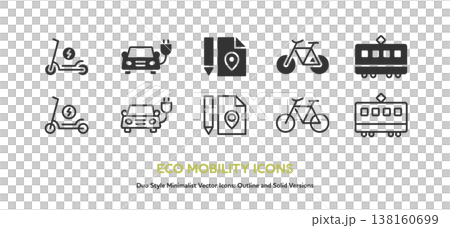 EVや路面電車などエコな交通手段と、ルート作成・地図のアイコンセット。線画と塗りの素材 138160699