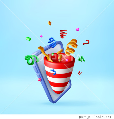 3D Party popper emerging from smartphone screen 3D Party popper emerging from smartphone screen 138160774