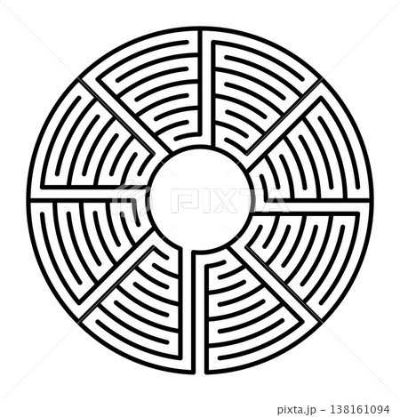 Circle shaped single path maze. Medieval, unicursal, non-branched labyrinth, starting at the bottom, leading through a zigzag course through 8 segments and 9 circuits to the goal in the center. Vector 138161094