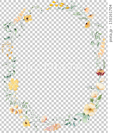 Oval floral wreath with yellow watercolor wildflowers and leaves, hand drawn wedding illustration Oval floral wreath with yellow watercolor wildflowers and leaves, hand drawn wedding illustration 138161704