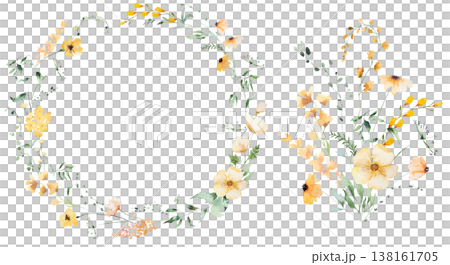 Floral wreath and bouquet with yellow watercolor wildflowers and leaves, wedding illustration clipart Floral wreath and bouquet with yellow watercolor wildflowers and leaves, wedding illustration clipart 138161705