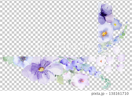 Corner frame with watercolor light purple flowers, botanical border isolated wedding illustration 138161710