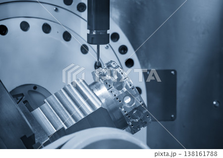 Advanced 5-axis CNC milling machine using a flat nose end mill to cut precision aluminum parts. 138161788