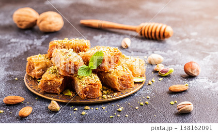 Homemade baklava with nuts and honey. Homemade baklava with nuts and honey. 138162091