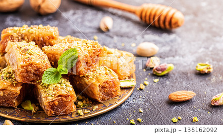 Homemade baklava with nuts and honey. Homemade baklava with nuts and honey. 138162092