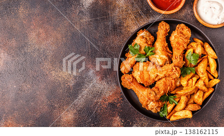 Fried chicken legs with potatoes. Fried chicken legs with potatoes. 138162115