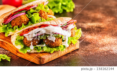 Falafel and fresh vegetables in pita bread. 138162144