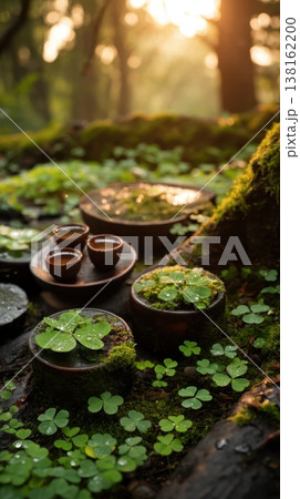 Mossy forest tea set with clover and wooden cups on tree roots for nature background and product display in soft sunlight St. Patrick's Day Mossy forest tea set with clover and wooden cups on tree roots for nature background and product display in soft sunlight St. Patrick's Day 138162200