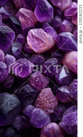 Textured heap of purple amethyst crystals background for gemstone texture and natural mineral pattern design wallpaper 138162233