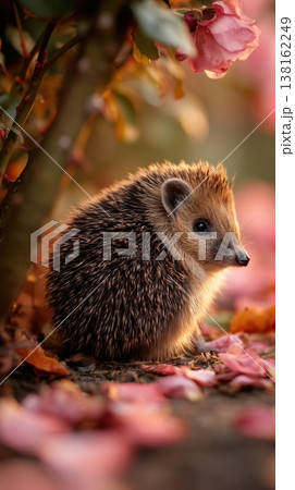 Cute baby hedgehog among pink rose petals and autumn leaves for nature background and wildlife closeup banner Hedgehog Day Cute baby hedgehog among pink rose petals and autumn leaves for nature background and wildlife closeup banner Hedgehog Day 138162249