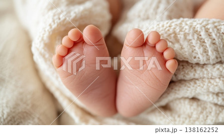 Twin newborn feet peeking from a cream knit blanket for newborn announcement background and baby care banner design 138162252