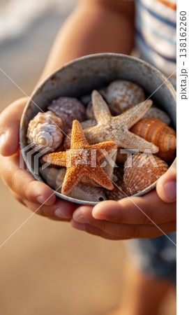 Child hands holding a tin bowl of starfish and assorted seashells on a sandy beach for summer background and nature closeup Child hands holding a tin bowl of starfish and assorted seashells on a sandy beach for summer background and nature closeup 138162260