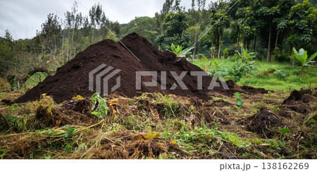 Large dark compost pile on garden soil outdoors for sustainable gardening soil amendment and mulch background for landscape and agriculture projects Large dark compost pile on garden soil outdoors for sustainable gardening soil amendment and mulch background for landscape and agriculture projects 138162269