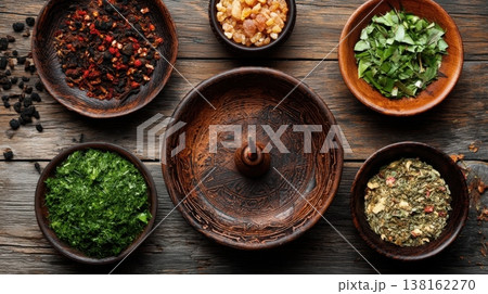 Overhead wooden bowls with assorted dried herbs and spices on rustic table for culinary background, seasoning banner and pantry design Overhead wooden bowls with assorted dried herbs and spices on rustic table for culinary background, seasoning banner and pantry design 138162270