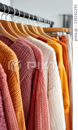Cozy knitted sweaters in pink cream and orange tones on wooden hangers for autumn wardrobe and cozy clothing display background 138162293