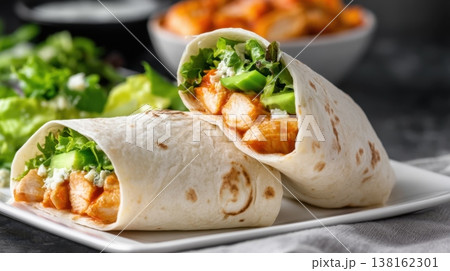 Crispy chicken wrap with lettuce and sauce in flour tortilla for lunch menu and handheld meal background 138162301