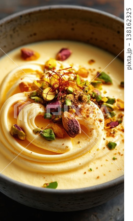 Whipped saffron custard garnished with pistachios in bowl Saffron Pistachio Cream: An exotic and luxurious flavor blending the distinctive taste of saffron with crunchy pistachios. Whipped saffron custard garnished with pistachios in bowl Saffron Pistachio Cream: An exotic and luxurious flavor blending the distinctive taste of saffron with crunchy pistachios. 138162325