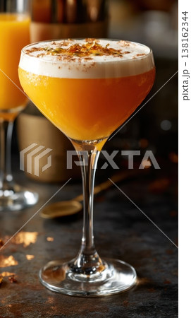 Tall stemmed glass with creamy orange cocktail on bar Tall stemmed glass with creamy orange cocktail on bar 138162344