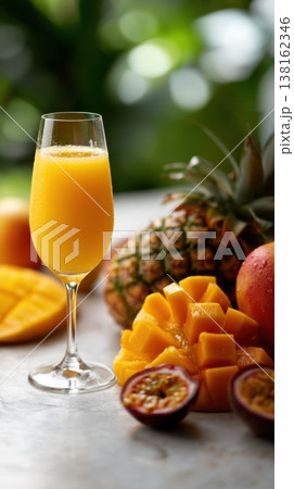 Mango juice glass placed near pineapple and mango garnish 138162346