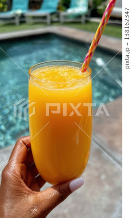 Hand holding tall glass of orange juice near pool in outdoor setting Hand holding tall glass of orange juice near pool in outdoor setting 138162347