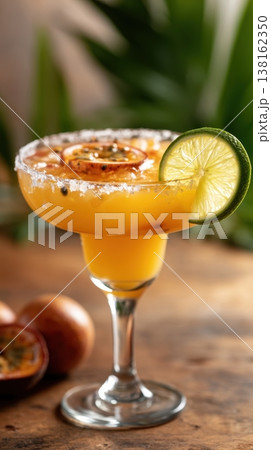 Tropical passion margarita with salted rim and lime slice Tropical passion margarita with salted rim and lime slice 138162350