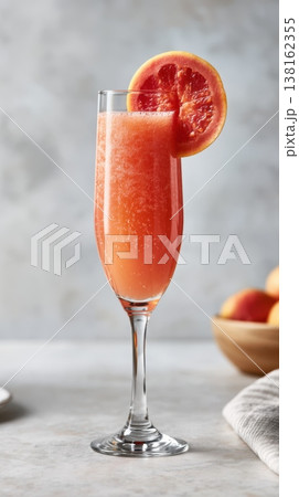 Flute glass with grapefruit juice garnished with slice Flute glass with grapefruit juice garnished with slice 138162355