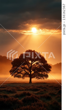 Solitary oak tree at golden sunrise with dramatic sunbeams and misty field background for wallpaper and banner design Solitary oak tree at golden sunrise with dramatic sunbeams and misty field background for wallpaper and banner design 138162367