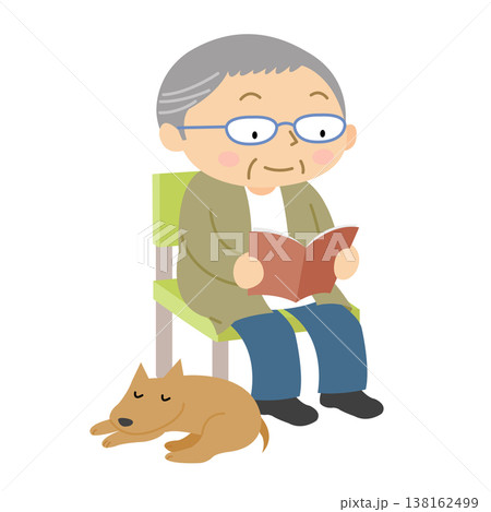 シニア男性 犬と過ごす 座り姿 日常生活 イラスト シニア男性 犬と過ごす 座り姿 日常生活 イラスト 138162499