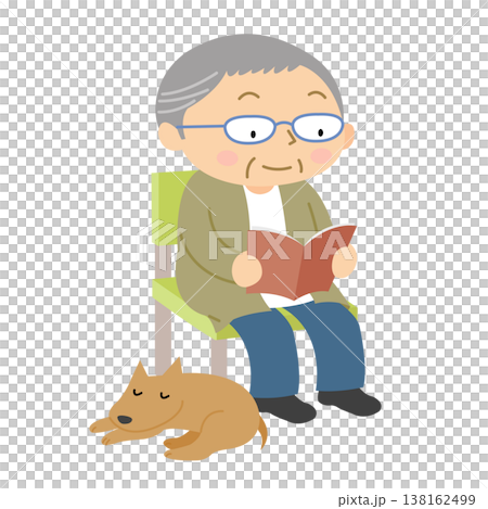 シニア男性 犬と過ごす 座り姿 日常生活 イラスト シニア男性 犬と過ごす 座り姿 日常生活 イラスト 138162499