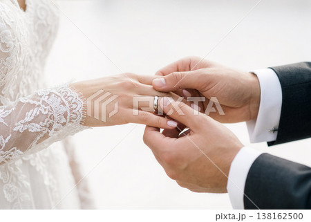 レース袖の花嫁へ指輪をはめる結婚式のクローズアップ 138162500