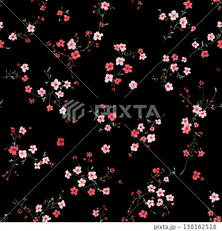 黒地に桜の小花シームレスパターン、ダークフローラルのイラスト背景 黒地に桜の小花シームレスパターン、ダークフローラルのイラスト背景 138162518