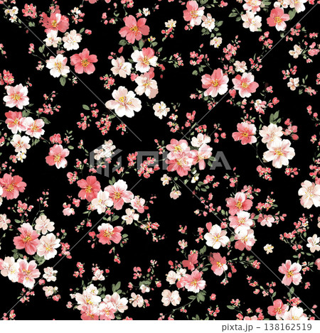黒地に桜の小花シームレスパターン、ダークフローラルのイラスト背景 黒地に桜の小花シームレスパターン、ダークフローラルのイラスト背景 138162519