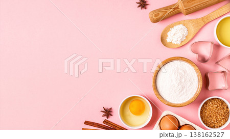 Ingredients and utensils for baking on a pastel background. Ingredients and utensils for baking on a pastel background. 138162527