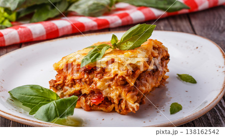 Traditional lasagna made with minced beef bolognese sauce Traditional lasagna made with minced beef bolognese sauce 138162542