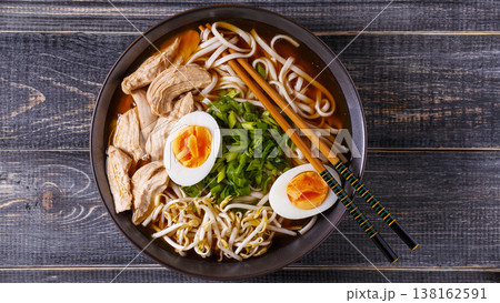 Japanese ramen soup with chicken, egg, chives and sprout. 138162591