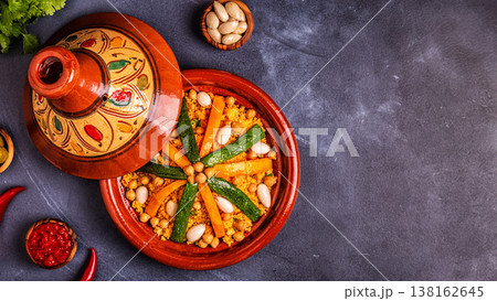 Vegetable tagine with almond and chickpea couscous 138162645