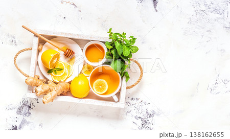 Green tea with lemon and honey. Green tea with lemon and honey. 138162655