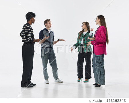 Group of people standing and talking isolated on white background with expressive gestures. Group of people standing and talking isolated on white background with expressive gestures. 138162848