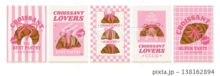 Hand drawn croissant poster. Bakery with bows. Banner with sweet pastry, ribbon, bow, text for cafe menu, stickers, prints. Coquette elegance croissants. Vector background Hand drawn croissant poster. Bakery with bows. Banner with sweet pastry, ribbon, bow, text for cafe menu, stickers, prints. Coquette elegance croissants. Vector background 138162894