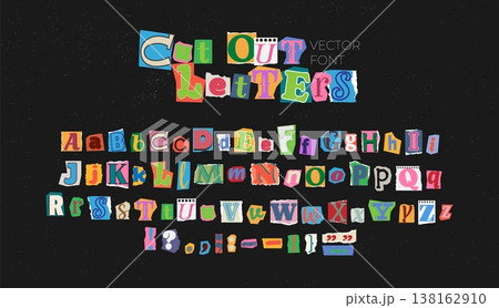 Cut out letters. Ransom alphabet. Magazine cutout font from papers. Colorful anonymous numbers, typography, punctuation marks. Scrapbook word. Vector set 138162910