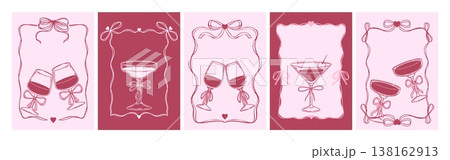 Cocktail poster. Hand drawn party drink. Sketch drinks with ribbon, bow in decorative frames for wedding invitations, posters, event cards, celebration, menu. Vector concept 138162913