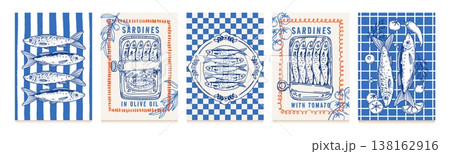 Sardines. Poster with seafood elements. Mediterranean fish on plate, sardine with olive oil, tomatoes, lemons, chili peppers. Italy food on banner for cafe menu. Vector set Sardines. Poster with seafood elements. Mediterranean fish on plate, sardine with olive oil, tomatoes, lemons, chili peppers. Italy food on banner for cafe menu. Vector set 138162916