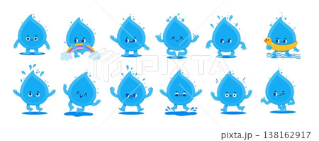 Water drops character. Cartoon liquid mascot. Funny comic childish water characters with different emotions, face expressions, poses. Raindrop stickers. Vector set Water drops character. Cartoon liquid mascot. Funny comic childish water characters with different emotions, face expressions, poses. Raindrop stickers. Vector set 138162917