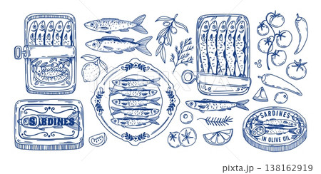 Sardines. Canned fish. Retro hand drawn marine food, Italian seafood, Mediterranean sardines with vegetables, tomato, lemon. Sprats in package, tin, plate. Vector set Sardines. Canned fish. Retro hand drawn marine food, Italian seafood, Mediterranean sardines with vegetables, tomato, lemon. Sprats in package, tin, plate. Vector set 138162919
