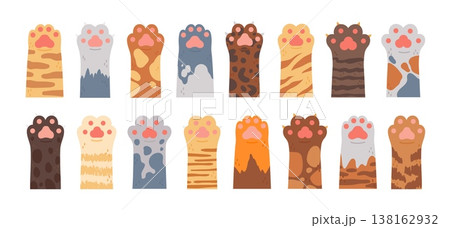 Cat paws. Pet hand. Cartoon cute kitten palm, funny kitty fur foot with claw. Different cats paw, puffy animal footprints with various textures, stripes, spots. Vector set 138162932